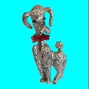 Vintage Silver Tone Poodle Dog With Red Bow Tie Brooch Pin 1.25” Tall